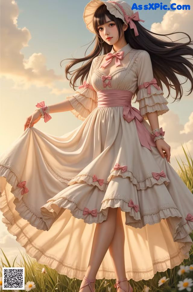 A woman in a dress and hat standing in a field of flowers.