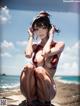 A woman in a red bikini sitting on the beach.