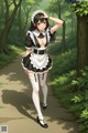 A woman in a maid outfit walking down a path in the woods.