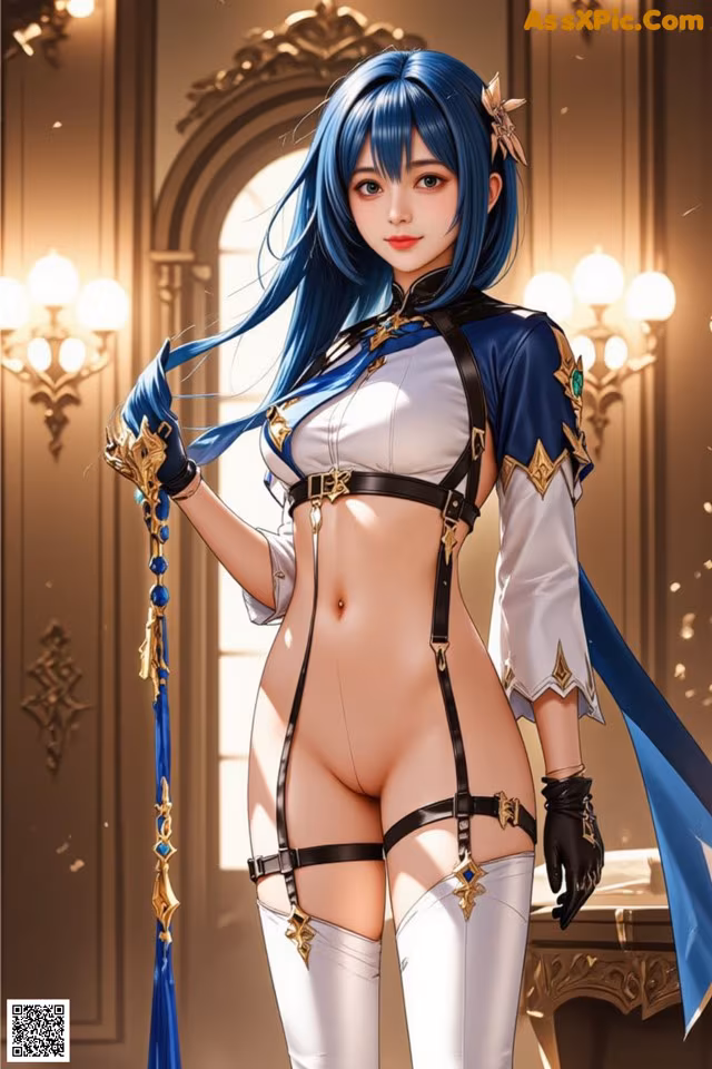 A woman with long blue hair wearing a white and blue outfit.