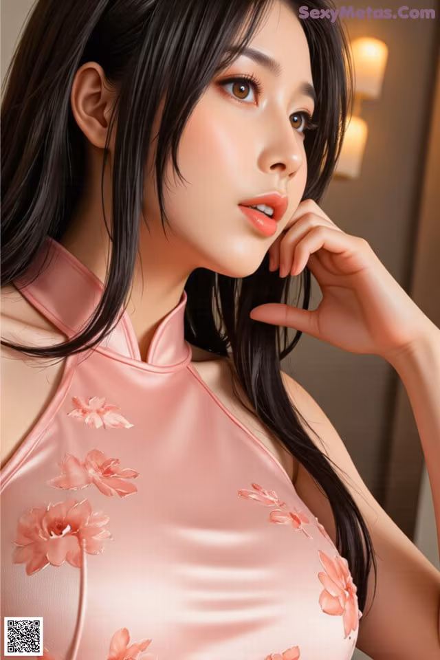 a woman in a pink dress posing for a picture