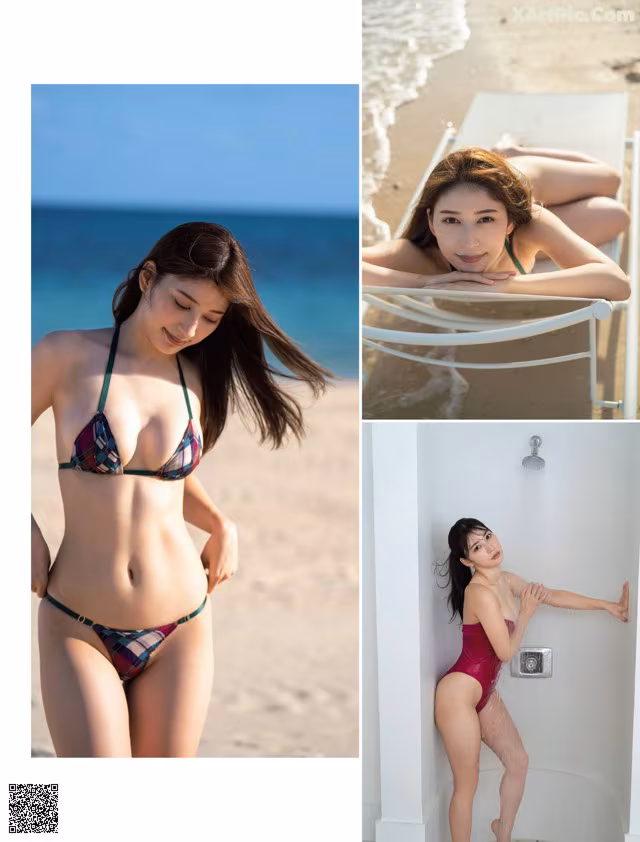 A woman in a bikini sitting on a beach next to a bathtub.