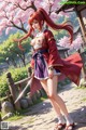 A woman in traditional attire holds a sword, standing outdoors with cherry blossoms and a wooden bridge in the background.